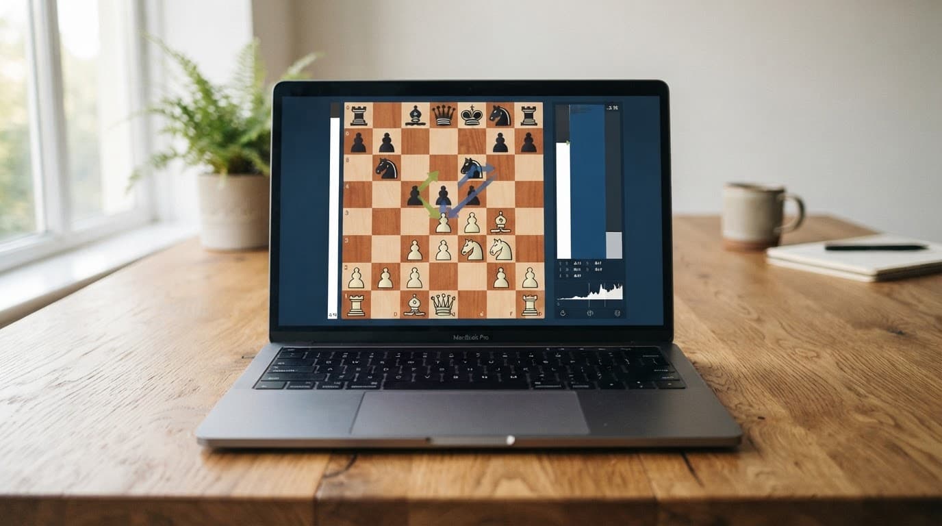 Un laptop su un tavolo di legno mostra una partita di scacchi sullo schermo, con pezzi in movimento e un'interfaccia di gioco.