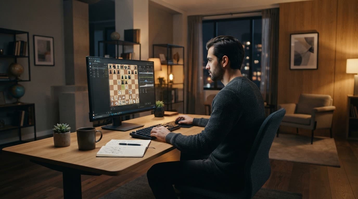 Un uomo che gioca a scacchi su un computer in un ambiente moderno e ben arredato, con piante e una tazza accanto a lui.