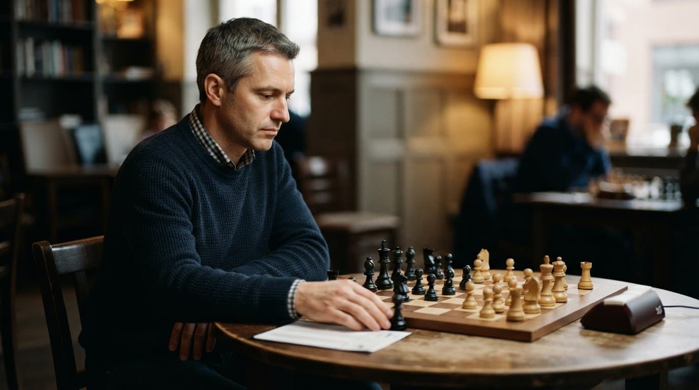 Un uomo gioca a scacchi in un caffè, concentrato sulla partita con scacchi bianchi e neri disposti su un tavolo di legno.