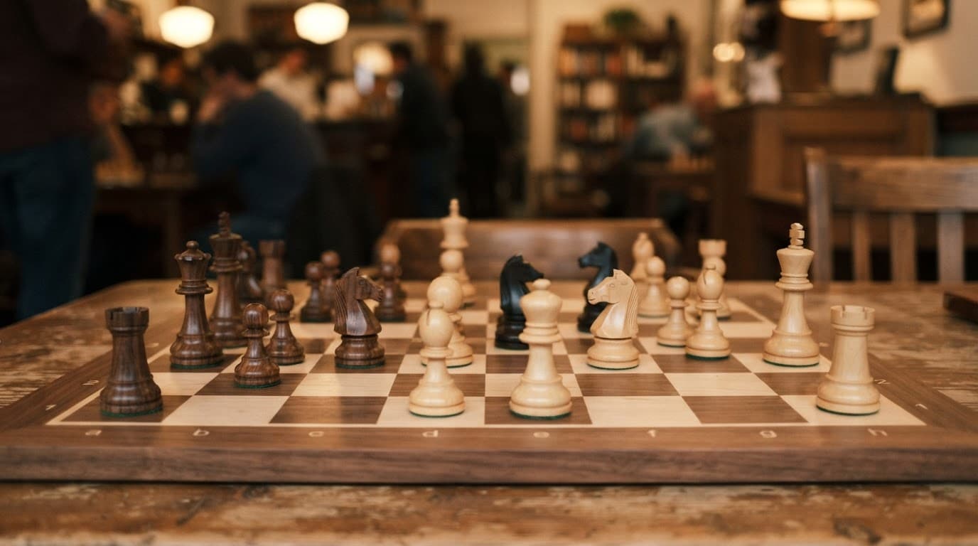 Scacchiera con pezzi in legno durante una partita di scacchi in un caffè affollato.