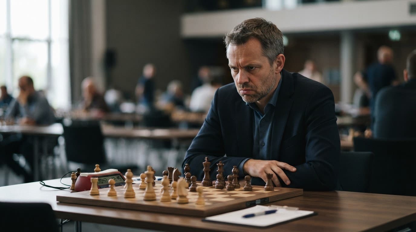 Un uomo concentrato che gioca a scacchi in un grande torneo, con una scacchiera e un cronometro sul tavolo.