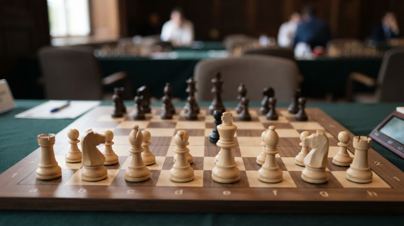 Scacchiera in legno con pezzi bianchi e neri disposti per una partita di scacchi.