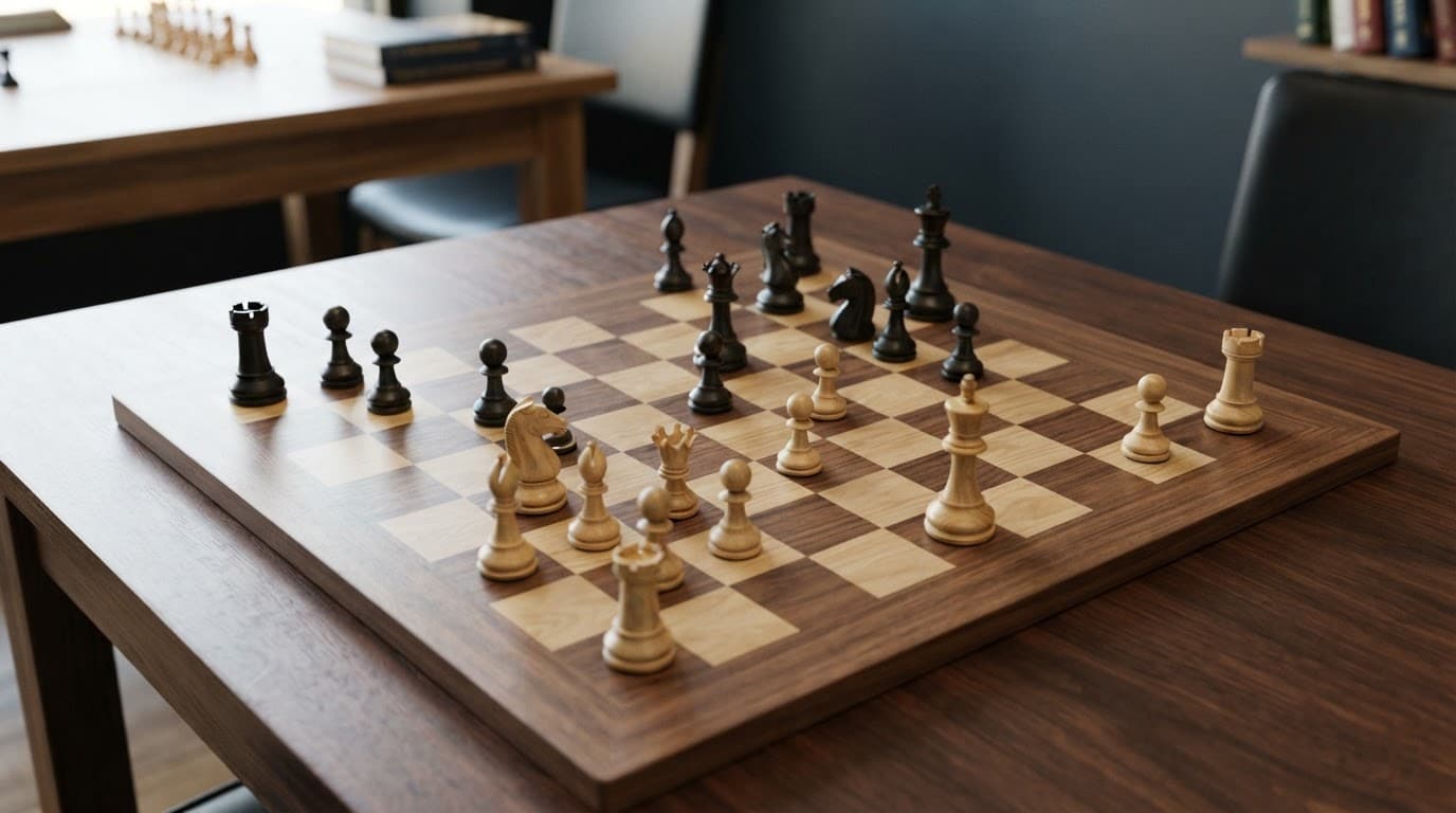 Una scacchiera in legno con pezzi bianchi e neri disposti su di essa, in un ambiente moderno.