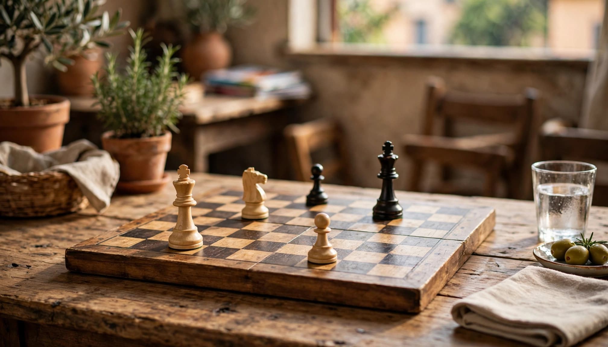 Scacchiera in legno con pezzi di scacchi bianchi e neri, posizionata su un tavolo rustico. Sullo sfondo si vedono piante in vaso e un bicchiere d'acqua.