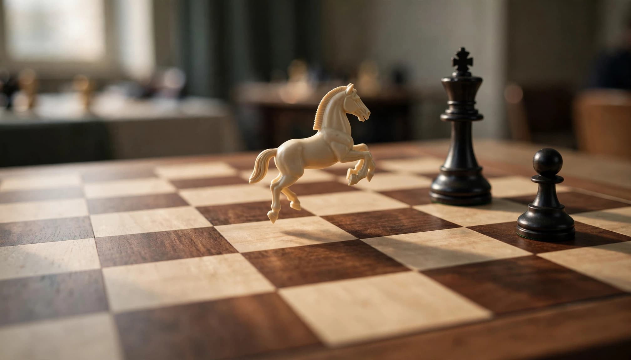 Una scacchiera con un cavallo di plastica bianco in movimento e pezzi neri in legno.