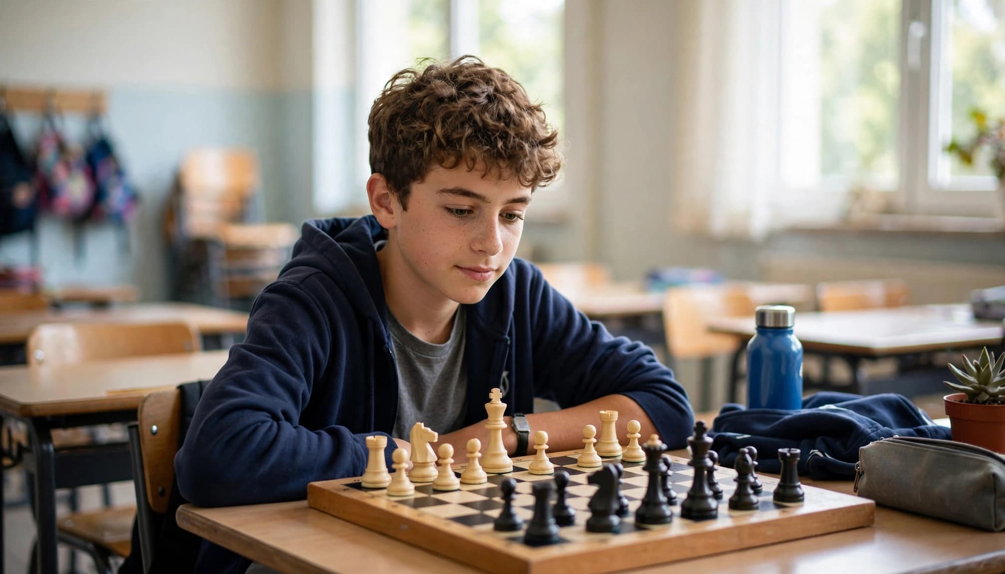 Un ragazzo con i capelli ricci gioca a scacchi in un'aula scolastica, concentrato sulla partita, con un tavolo e sedie sullo sfondo.