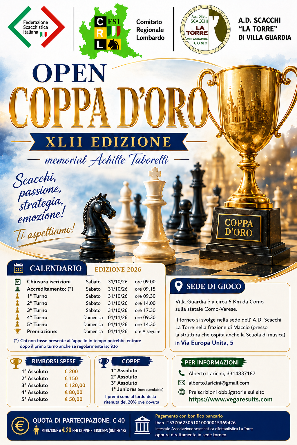 Poster della Coppa d'Oro, XLII edizione, memorial Achille Taborelli, con dettagli sull'evento di scacchi, calendario, sede di gioco e informazioni per la partecipazione.