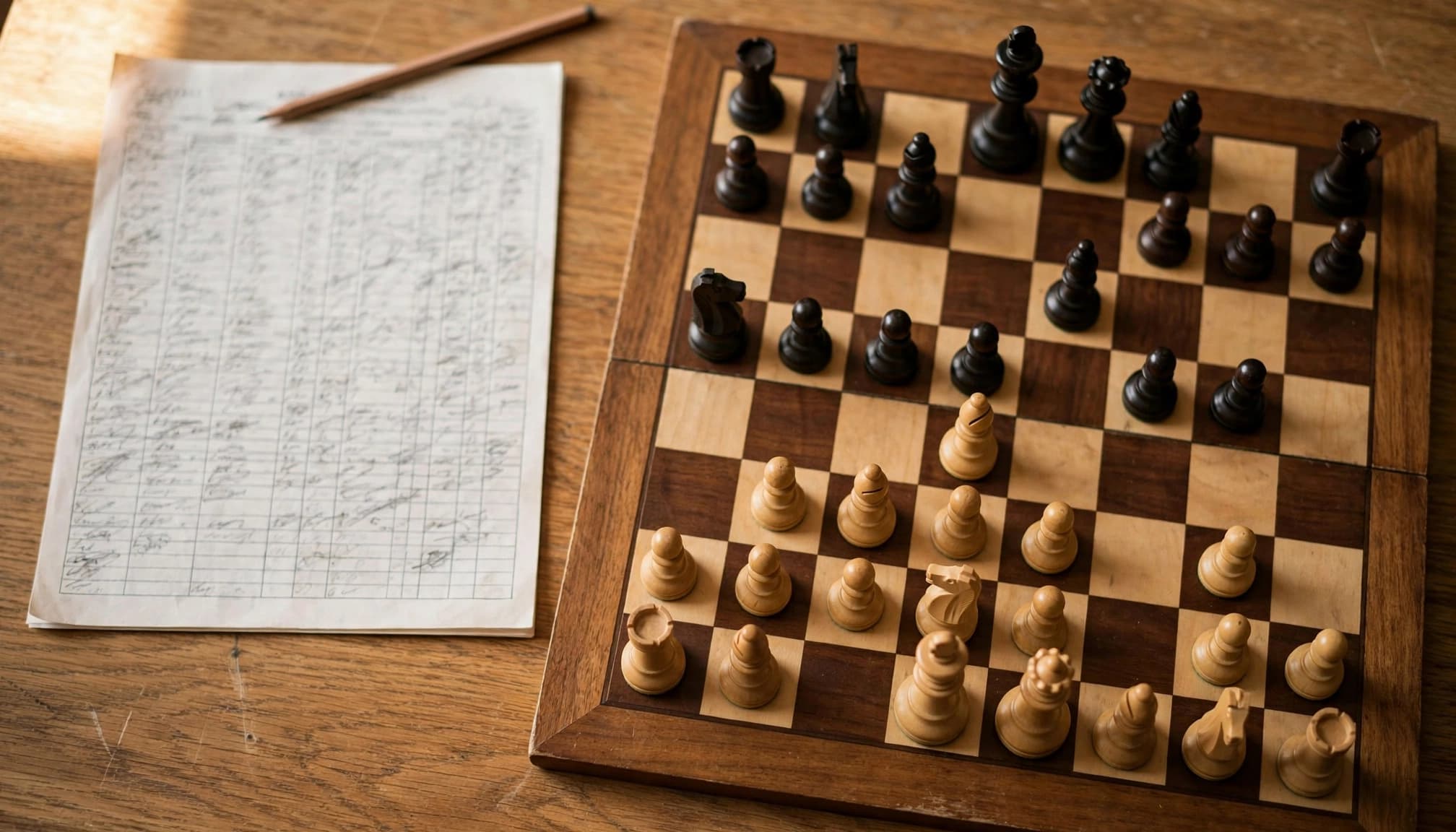 Una scacchiera in legno con pezzi neri e bianchi, accompagnata da un foglio di appunti.