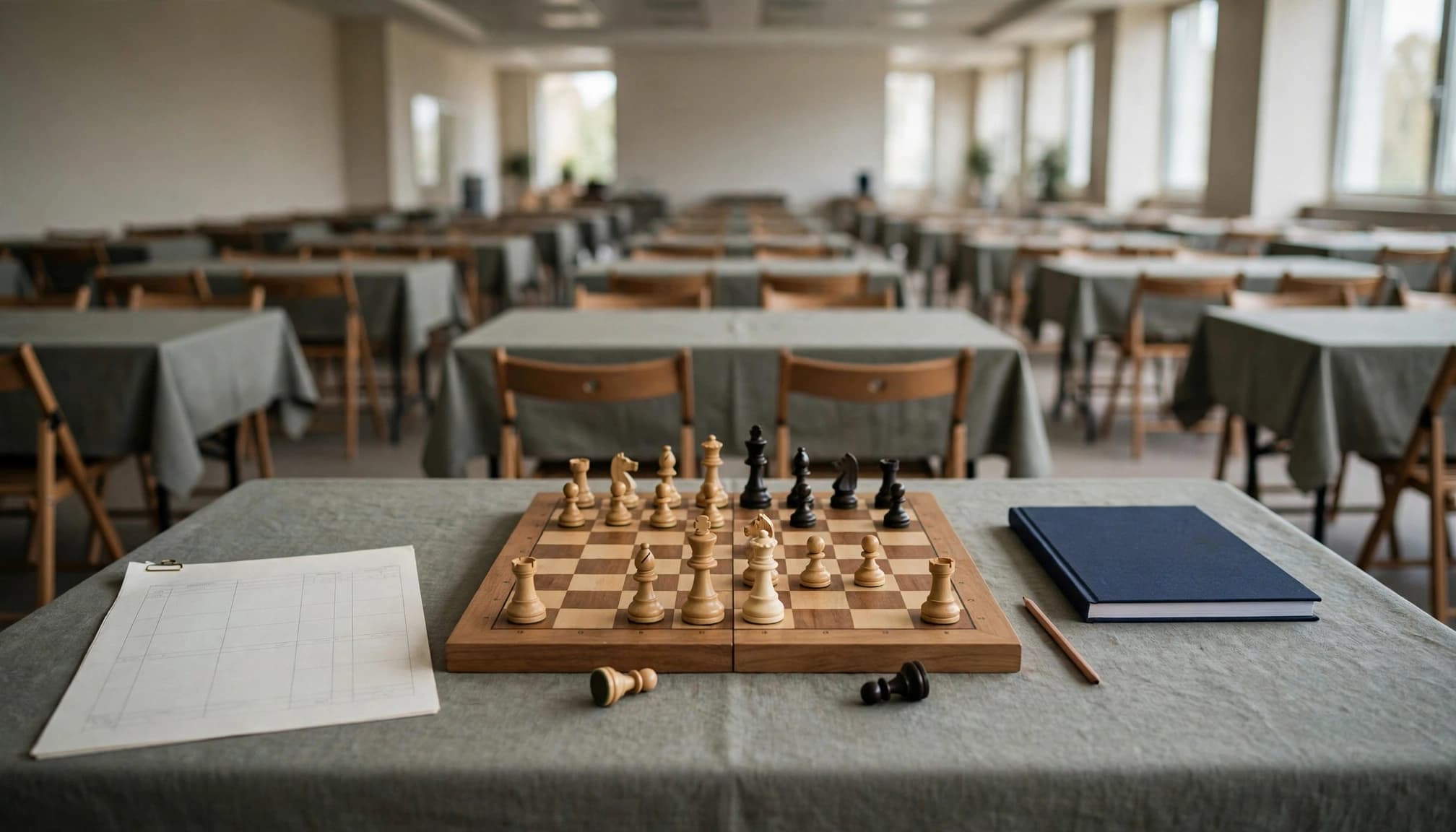 Scacchiera con pezzi bianchi e neri su un tavolo, con foglio e quaderno, in una sala con tavoli e sedie vuoti.